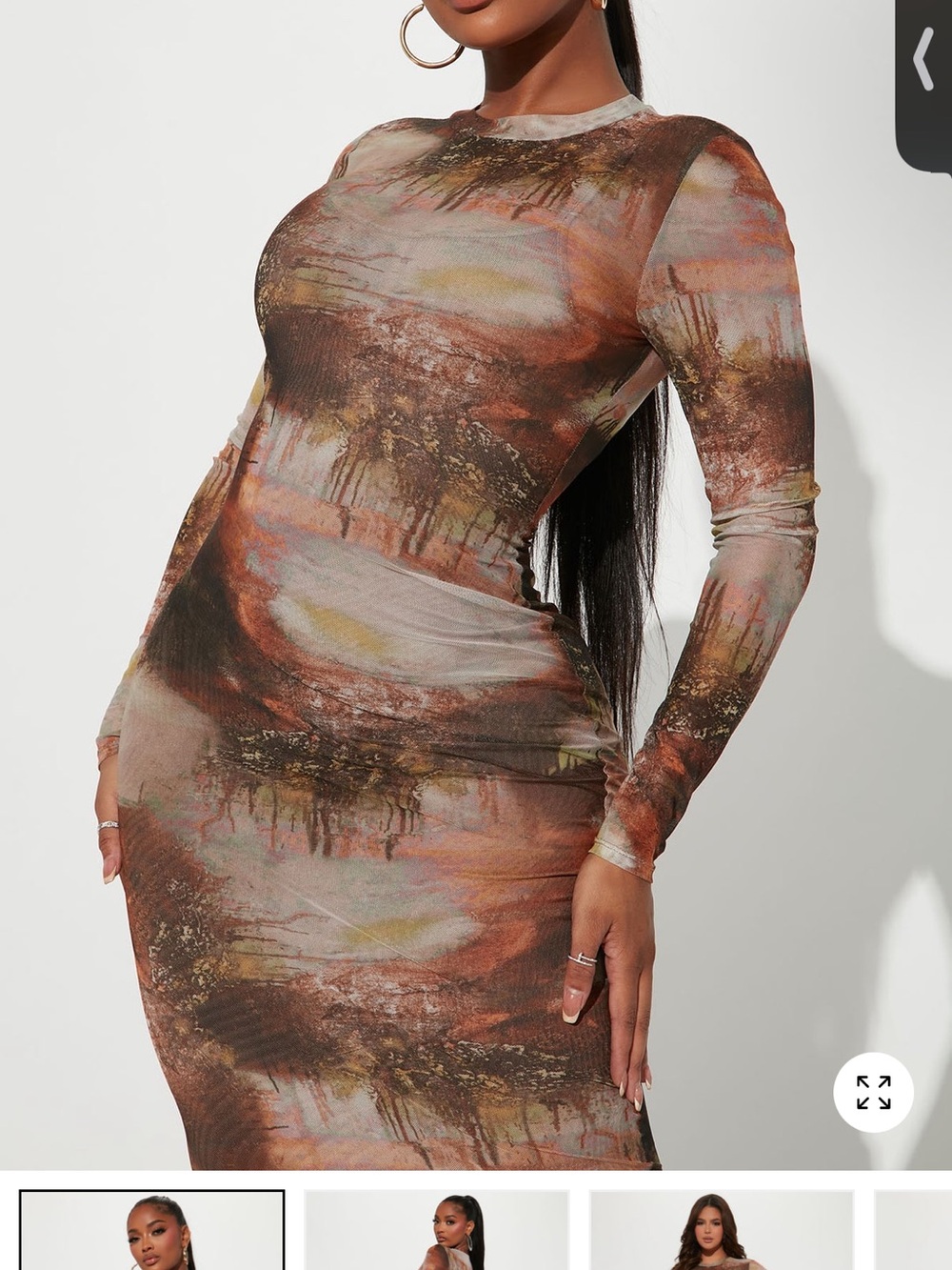 Mojave Mesh Long Sleeve Bodycon Maxi Dress in brown combo Rust Multi - Picture 3 of 7